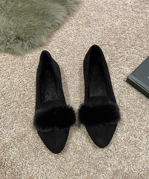 ファー付きパンプスポインテッドトゥ韓国風 フラットシューズ レディース 痛くない ぺたんこパンプス ローヒール 秋冬靴 脱げない 歩きやすい スエード調パンプス春 80TONGTAI-024
