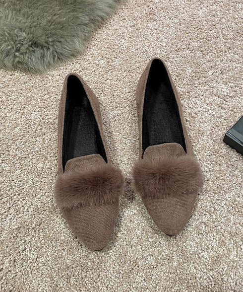 ファー付きパンプスポインテッドトゥ韓国風 フラットシューズ レディース 痛くない ぺたんこパンプス ローヒール 秋冬靴 脱げない 歩きやすい スエード調パンプス春 80TONGTAI-024
