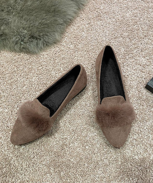 ファー付きパンプスポインテッドトゥ韓国風 フラットシューズ レディース 痛くない ぺたんこパンプス ローヒール 秋冬靴 脱げない 歩きやすい スエード調パンプス春 80TONGTAI-024