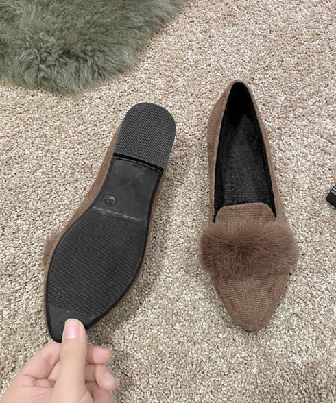ファー付きパンプスポインテッドトゥ韓国風 フラットシューズ レディース 痛くない ぺたんこパンプス ローヒール 秋冬靴 脱げない 歩きやすい スエード調パンプス春 80TONGTAI-024