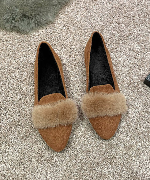 ファー付きパンプスポインテッドトゥ韓国風 フラットシューズ レディース 痛くない ぺたんこパンプス ローヒール 秋冬靴 脱げない 歩きやすい スエード調パンプス春 80TONGTAI-024