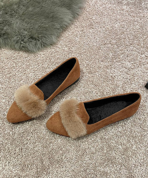 ファー付きパンプスポインテッドトゥ韓国風 フラットシューズ レディース 痛くない ぺたんこパンプス ローヒール 秋冬靴 脱げない 歩きやすい スエード調パンプス春 80TONGTAI-024