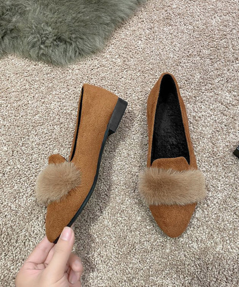 ファー付きパンプスポインテッドトゥ韓国風 フラットシューズ レディース 痛くない ぺたんこパンプス ローヒール 秋冬靴 脱げない 歩きやすい スエード調パンプス春 80TONGTAI-024