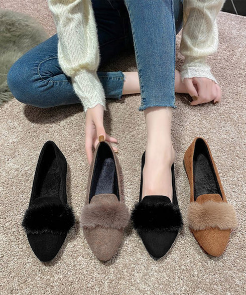 ファー付きパンプスポインテッドトゥ韓国風 フラットシューズ レディース 痛くない ぺたんこパンプス ローヒール 秋冬靴 脱げない 歩きやすい スエード調パンプス春 80TONGTAI-024