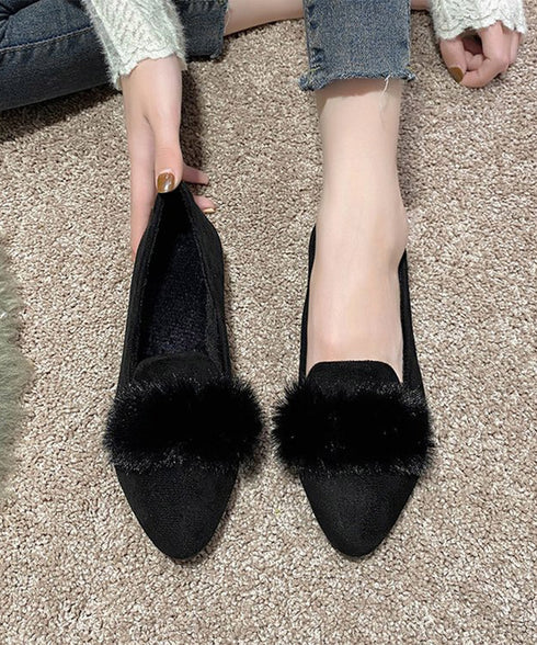 ファー付きパンプスポインテッドトゥ韓国風 フラットシューズ レディース 痛くない ぺたんこパンプス ローヒール 秋冬靴 脱げない 歩きやすい スエード調パンプス春 80TONGTAI-024