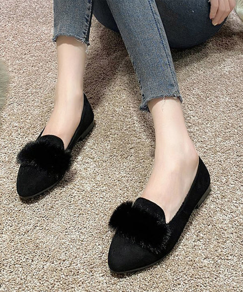 ファー付きパンプスポインテッドトゥ韓国風 フラットシューズ レディース 痛くない ぺたんこパンプス ローヒール 秋冬靴 脱げない 歩きやすい スエード調パンプス春 80TONGTAI-024