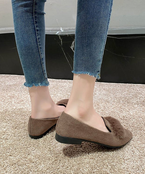 ファー付きパンプスポインテッドトゥ韓国風 フラットシューズ レディース 痛くない ぺたんこパンプス ローヒール 秋冬靴 脱げない 歩きやすい スエード調パンプス春 80TONGTAI-024