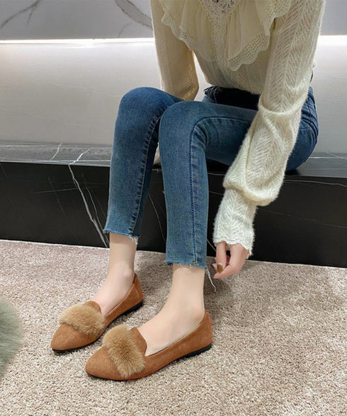ファー付きパンプスポインテッドトゥ韓国風 フラットシューズ レディース 痛くない ぺたんこパンプス ローヒール 秋冬靴 脱げない 歩きやすい スエード調パンプス春 80TONGTAI-024