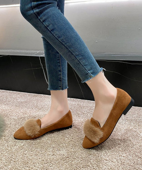 ファー付きパンプスポインテッドトゥ韓国風 フラットシューズ レディース 痛くない ぺたんこパンプス ローヒール 秋冬靴 脱げない 歩きやすい スエード調パンプス春 80TONGTAI-024
