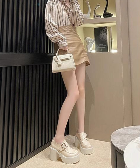 厚底ローファーレディース太ヒールパンプス ワンベルトバックル ローファー 歩きやすいラウンドトゥシューズ メイド靴 美脚脚長お嬢様パンプス ヒール9cm疲れない 80TONGTAI-026