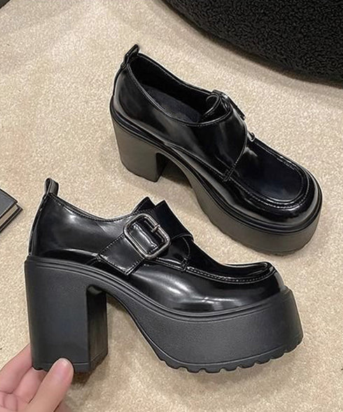 厚底ローファーレディース太ヒールパンプス ワンベルトバックル ローファー 歩きやすいラウンドトゥシューズ メイド靴 美脚脚長お嬢様パンプス ヒール9cm疲れない 80TONGTAI-026