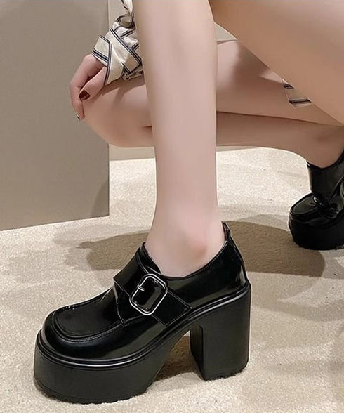 厚底ローファーレディース太ヒールパンプス ワンベルトバックル ローファー 歩きやすいラウンドトゥシューズ メイド靴 美脚脚長お嬢様パンプス ヒール9cm疲れない 80TONGTAI-026
