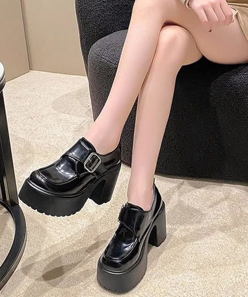 厚底ローファーレディース太ヒールパンプス ワンベルトバックル ローファー 歩きやすいラウンドトゥシューズ メイド靴 美脚脚長お嬢様パンプス ヒール9cm疲れない 80TONGTAI-026