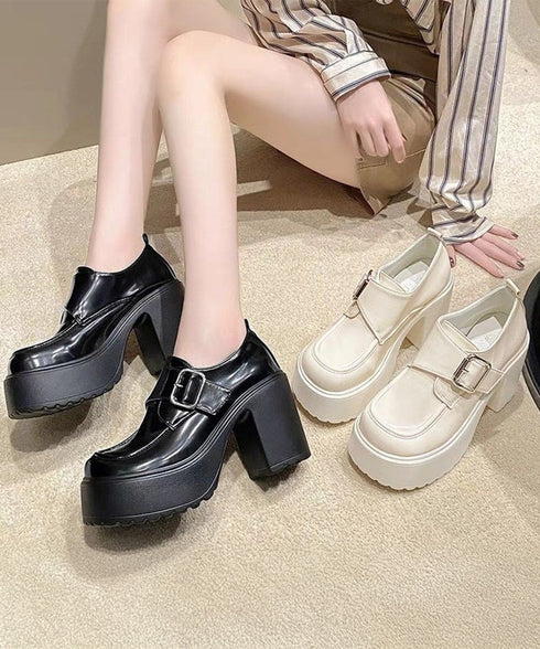 厚底ローファーレディース太ヒールパンプス ワンベルトバックル ローファー 歩きやすいラウンドトゥシューズ メイド靴 美脚脚長お嬢様パンプス ヒール9cm疲れない 80TONGTAI-026