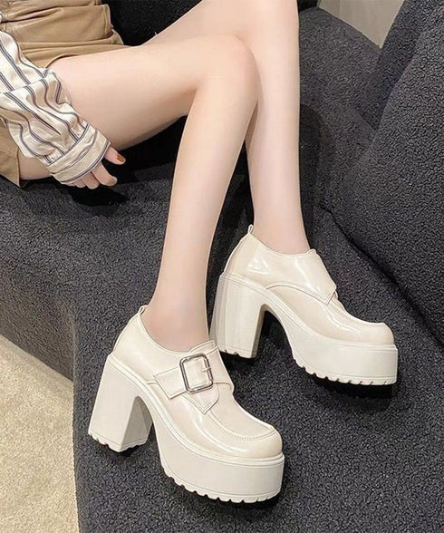 厚底ローファーレディース太ヒールパンプス ワンベルトバックル ローファー 歩きやすいラウンドトゥシューズ メイド靴 美脚脚長お嬢様パンプス ヒール9cm疲れない 80TONGTAI-026