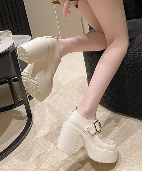 厚底ローファーレディース太ヒールパンプス ワンベルトバックル ローファー 歩きやすいラウンドトゥシューズ メイド靴 美脚脚長お嬢様パンプス ヒール9cm疲れない 80TONGTAI-026