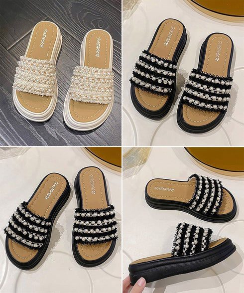 厚底サンダル パール付きフラットサンダル レディース 履きやすい コンフォートサンダル 歩きやすい 軽量スリッパ 韓国風 ビーチサンダル お洒落 真珠付きサンダル 80TONGTAI-028