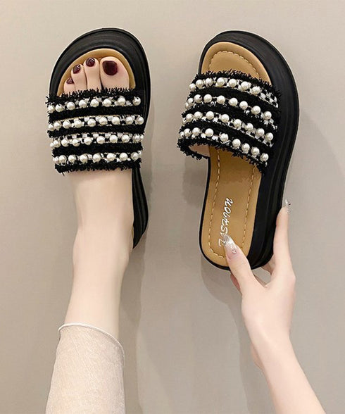 厚底サンダル パール付きフラットサンダル レディース 履きやすい コンフォートサンダル 歩きやすい 軽量スリッパ 韓国風 ビーチサンダル お洒落 真珠付きサンダル 80TONGTAI-028
