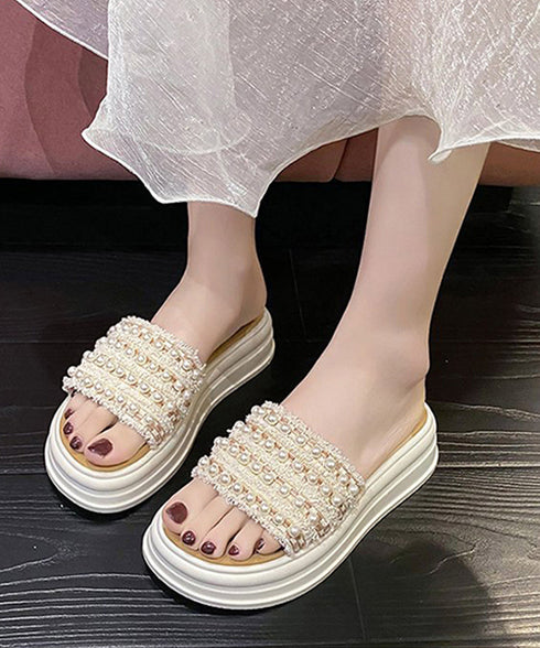 厚底サンダル パール付きフラットサンダル レディース 履きやすい コンフォートサンダル 歩きやすい 軽量スリッパ 韓国風 ビーチサンダル お洒落 真珠付きサンダル 80TONGTAI-028