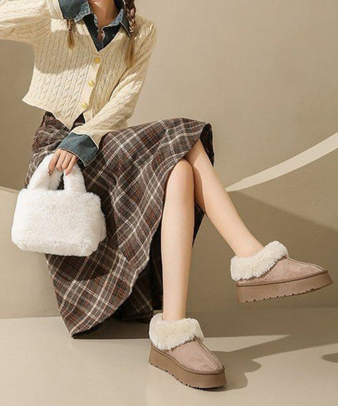 厚底ムートブーツ もこもこショートブーツ 履きやすい暖かいボアブーツ 歩きやすい裏起毛ムートンスリッポン ふわふわモカシン 保温防寒靴 大人可愛いあったかシューズ 80TONGTAI-032