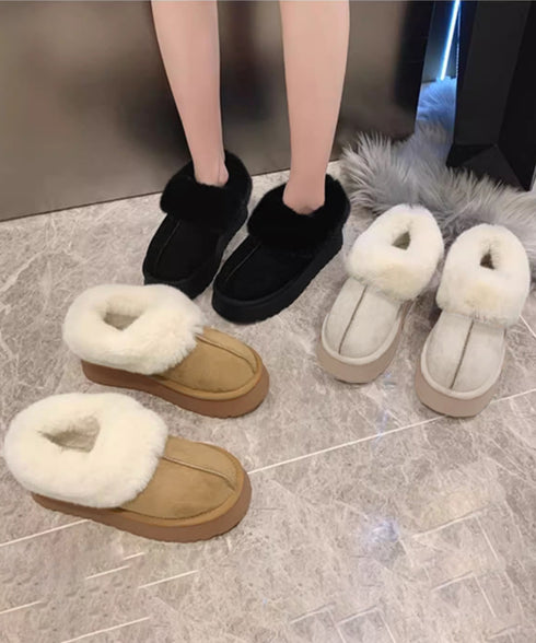 厚底ムートブーツ もこもこショートブーツ 履きやすい暖かいボアブーツ 歩きやすい裏起毛ムートンスリッポン ふわふわモカシン 保温防寒靴 大人可愛いあったかシューズ 80TONGTAI-032