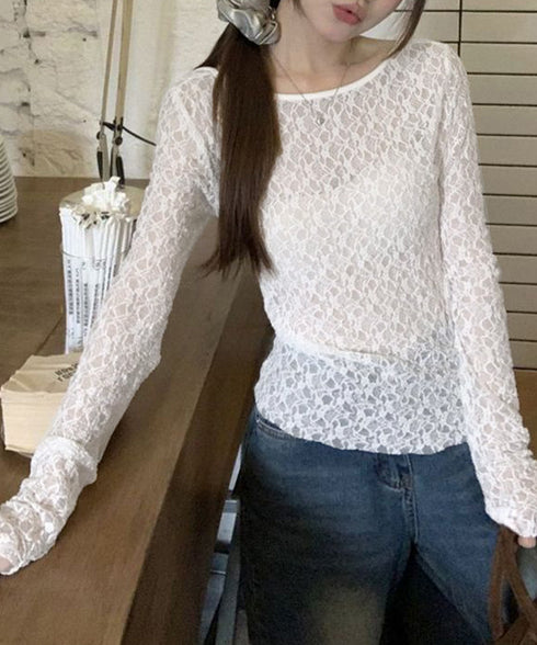 レーストップス前後2wayシアートップス レディース 大人可愛い レースインナー 透け感 シースルーTシャツ 重ね着インナートップス 着やせ レイヤードカットソー 80WUXIN-001