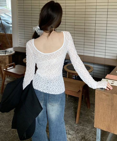 レーストップス前後2wayシアートップス レディース 大人可愛い レースインナー 透け感 シースルーTシャツ 重ね着インナートップス 着やせ レイヤードカットソー 80WUXIN-001
