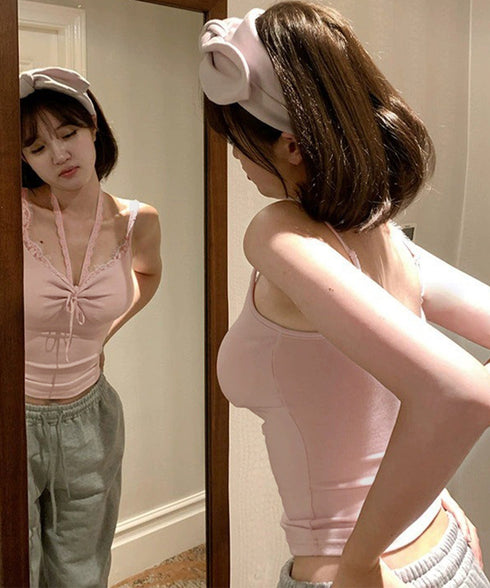 カップ付きキャミソールホルターネック夏服 レディース 胸元ギャザー ブラトップキャミフィット感 エレガントレース付きキャミ大人可愛い 韓国風見せインナーキャミ美胸 80WZL-002