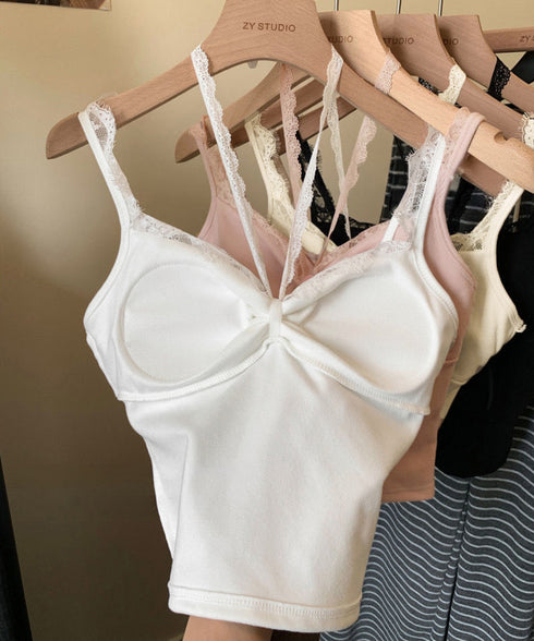 カップ付きキャミソールホルターネック夏服 レディース 胸元ギャザー ブラトップキャミフィット感 エレガントレース付きキャミ大人可愛い 韓国風見せインナーキャミ美胸 80WZL-002