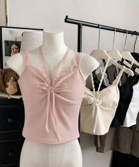 カップ付きキャミソールホルターネック夏服 レディース 胸元ギャザー ブラトップキャミフィット感 エレガントレース付きキャミ大人可愛い 韓国風見せインナーキャミ美胸 80WZL-002