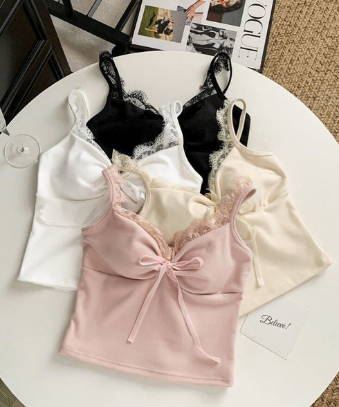 カップ付きキャミソールホルターネック夏服 レディース 胸元ギャザー ブラトップキャミフィット感 エレガントレース付きキャミ大人可愛い 韓国風見せインナーキャミ美胸 80WZL-002