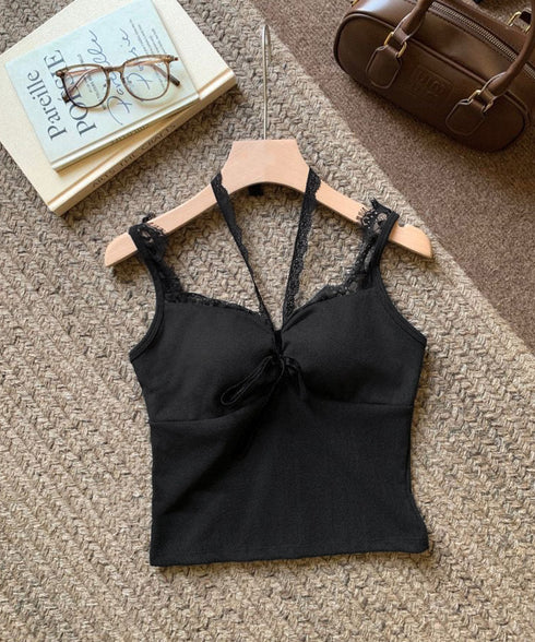 カップ付きキャミソールホルターネック夏服 レディース 胸元ギャザー ブラトップキャミフィット感 エレガントレース付きキャミ大人可愛い 韓国風見せインナーキャミ美胸 80WZL-002