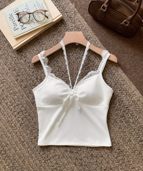 カップ付きキャミソールホルターネック夏服 レディース 胸元ギャザー ブラトップキャミフィット感 エレガントレース付きキャミ大人可愛い 韓国風見せインナーキャミ美胸 80WZL-002