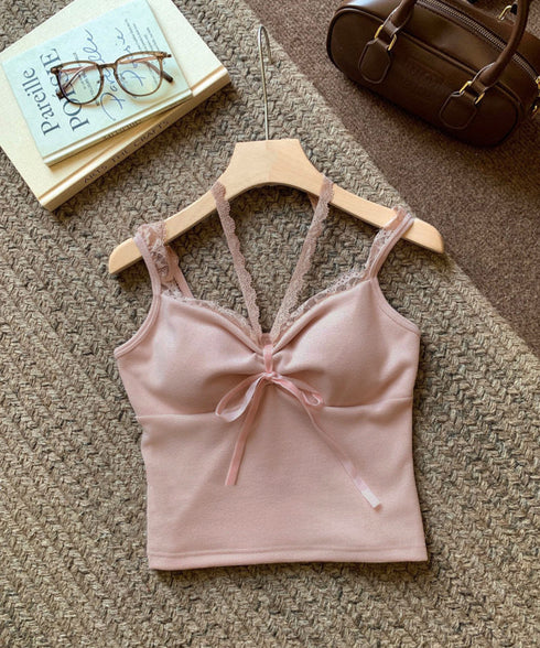 カップ付きキャミソールホルターネック夏服 レディース 胸元ギャザー ブラトップキャミフィット感 エレガントレース付きキャミ大人可愛い 韓国風見せインナーキャミ美胸 80WZL-002