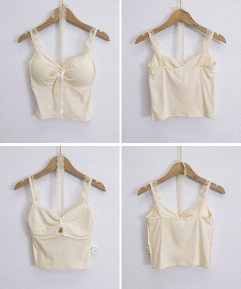 カップ付きキャミソールホルターネック夏服 レディース 胸元ギャザー ブラトップキャミフィット感 エレガントレース付きキャミ大人可愛い 韓国風見せインナーキャミ美胸 80WZL-002