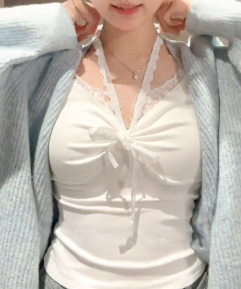 カップ付きキャミソールホルターネック夏服 レディース 胸元ギャザー ブラトップキャミフィット感 エレガントレース付きキャミ大人可愛い 韓国風見せインナーキャミ美胸 80WZL-002