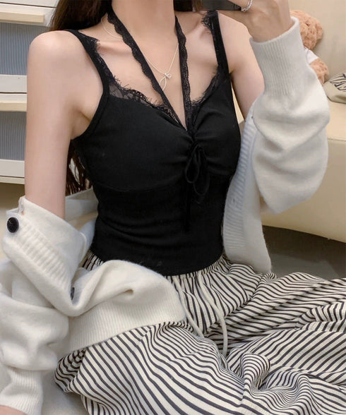 カップ付きキャミソールホルターネック夏服 レディース 胸元ギャザー ブラトップキャミフィット感 エレガントレース付きキャミ大人可愛い 韓国風見せインナーキャミ美胸 80WZL-002