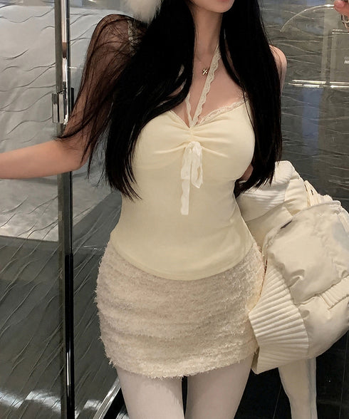 カップ付きキャミソールホルターネック夏服 レディース 胸元ギャザー ブラトップキャミフィット感 エレガントレース付きキャミ大人可愛い 韓国風見せインナーキャミ美胸 80WZL-002