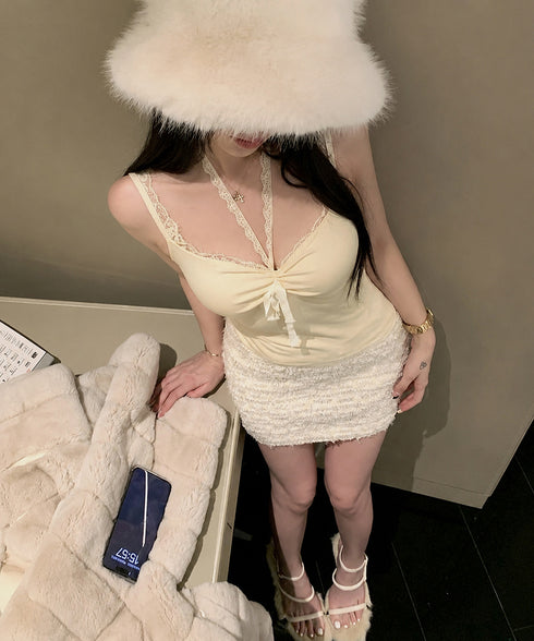 カップ付きキャミソールホルターネック夏服 レディース 胸元ギャザー ブラトップキャミフィット感 エレガントレース付きキャミ大人可愛い 韓国風見せインナーキャミ美胸 80WZL-002