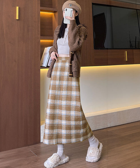 チェック柄タイトスカート バックスリット レトロウールライクスカート レディース ハイウエストAラインスカート ストレートロングスカート 秋冬ミモレスカート韓国風 80XCAI-001