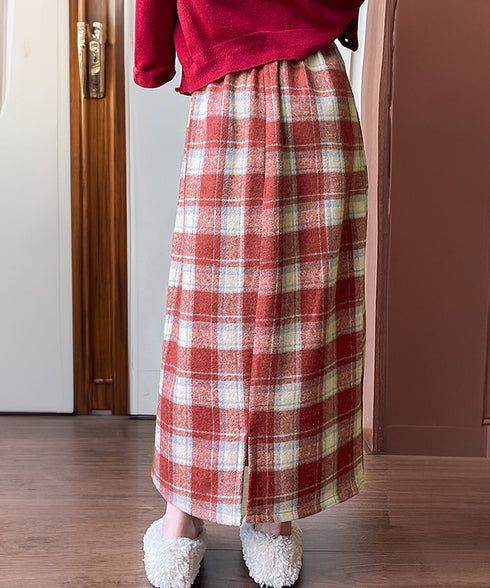 チェック柄タイトスカート バックスリット レトロウールライクスカート レディース ハイウエストAラインスカート ストレートロングスカート 秋冬ミモレスカート韓国風 80XCAI-001