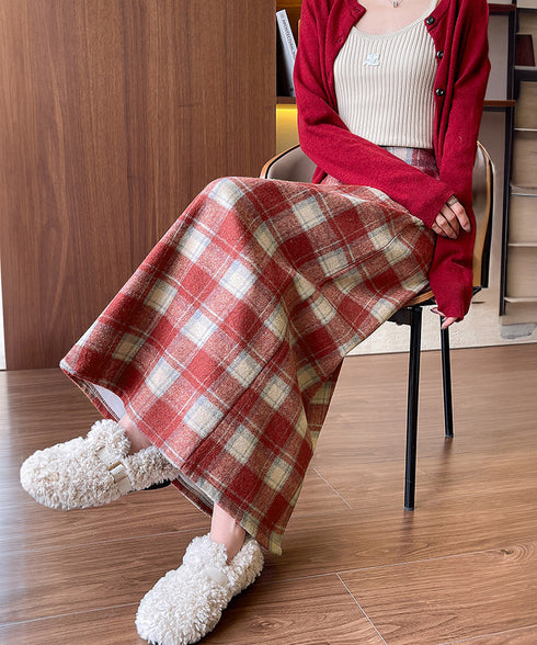 チェック柄タイトスカート バックスリット レトロウールライクスカート レディース ハイウエストAラインスカート ストレートロングスカート 秋冬ミモレスカート韓国風 80XCAI-001