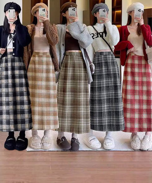 チェック柄タイトスカート バックスリット レトロウールライクスカート レディース ハイウエストAラインスカート ストレートロングスカート 秋冬ミモレスカート韓国風 80XCAI-001
