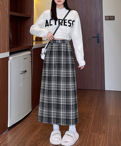 チェック柄タイトスカート バックスリット レトロウールライクスカート レディース ハイウエストAラインスカート ストレートロングスカート 秋冬ミモレスカート韓国風 80XCAI-001