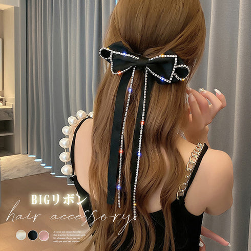 ビッグリボン バレッタ 韓国 ヘアアクセ ラインストーン キラキラ ロングリボン 蝶々結び 髪飾り リボン 大人可愛い ファッション 小物 おしゃれ 髪留め 雑貨 80XIAOHAN-001