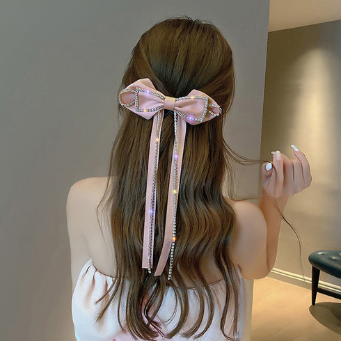 ビッグリボン バレッタ 韓国 ヘアアクセ ラインストーン キラキラ ロングリボン 蝶々結び 髪飾り リボン 大人可愛い ファッション 小物 おしゃれ 髪留め 雑貨 80XIAOHAN-001