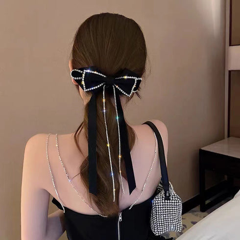ビッグリボン バレッタ 韓国 ヘアアクセ ラインストーン キラキラ ロングリボン 蝶々結び 髪飾り リボン 大人可愛い ファッション 小物 おしゃれ 髪留め 雑貨 80XIAOHAN-001