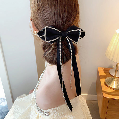 ビッグリボン バレッタ 韓国 ヘアアクセ ラインストーン キラキラ ロングリボン 蝶々結び 髪飾り リボン 大人可愛い ファッション 小物 おしゃれ 髪留め 雑貨 80XIAOHAN-001