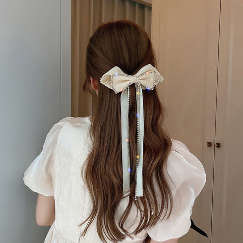 ビッグリボン バレッタ 韓国 ヘアアクセ ラインストーン キラキラ ロングリボン 蝶々結び 髪飾り リボン 大人可愛い ファッション 小物 おしゃれ 髪留め 雑貨 80XIAOHAN-001
