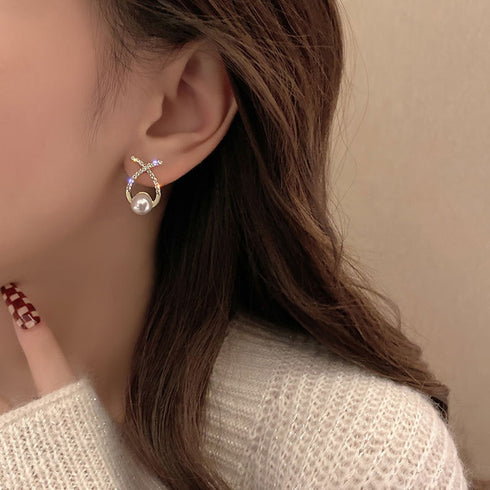クロス ピアス フェイクパール 大粒 韓国 ファッション キラキラ ピアス レディース エレガント 上品 清楚 女性 パーティー アクセサリー スタイリッシュ 80XIAOHAN-003